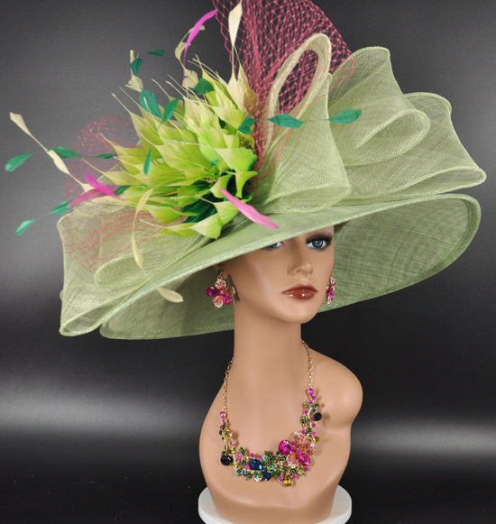 Green Sinamay Kentucky Derby Hat: Jumbo Bows, Flowers, Pink Netting