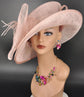 Wide Brim Sinamay Derby Hat: Blush Pink Floral Church Millinery