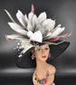 Wide Brim Sinamay Hat Church Kentucky Derby Hat Carriage Tea Party Wedding Hat Feather Flower  Foam Jumbo Flower Black Gray Ivory Pink