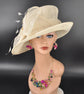 Wide Brim Kentucky Derby Floppy Sinamay Hat With Flowers  Millinery Church  Hat Ivory