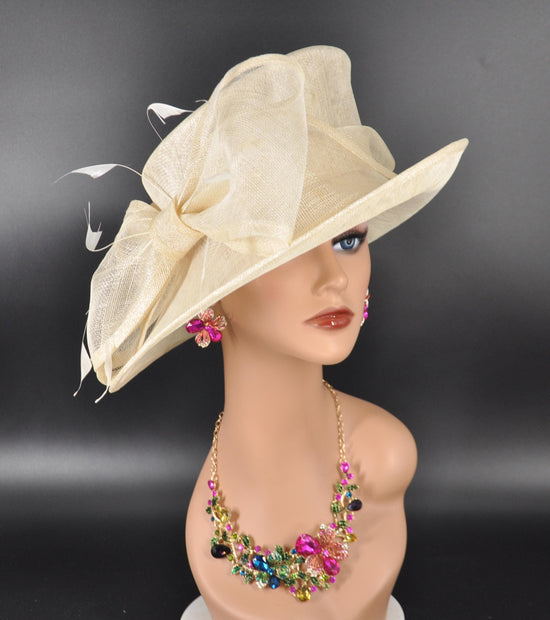 Wide Brim DerbyFloppy Sinamay Hat With Flowers  Millinery Church  Hat Ivory