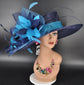 Church Kentucky Derby Hat Carriage Tea Party Wedding Wide Brim Sinamay Hat Navy Blue Teal Blue