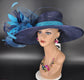 Church Kentucky Derby Hat Carriage Tea Party Wedding Wide Brim Sinamay Hat Navy Blue Teal Blue