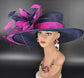 Church Kentucky Derby Hat Carriage Tea Party Wedding Wide Brim Sinamay Hat Navy Blue Fuchsia  Pink