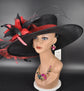 Wide Brim Sinamay Kentucky Derby Hat: Black & Red Feather Church Hat