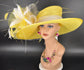 Yellow Sinamay Kentucky Derby Hat: Wide Brim Feather Church Hat