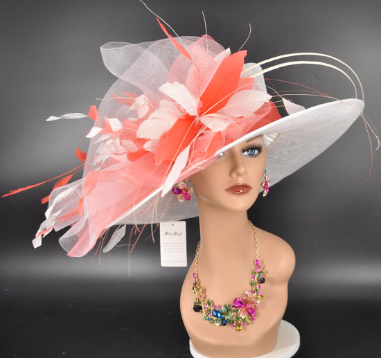 Wide Brim Sinamay Kentucky Derby Hat: White & Coral Feather Church Hat