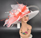 Wide Brim Sinamay Kentucky Derby Hat: White & Coral Feather Church Hat
