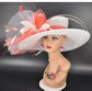 Wide Brim Sinamay Kentucky Derby Hat: White & Coral Feather Church Hat