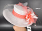 Wide Brim Sinamay Kentucky Derby Hat: White & Coral Feather Church Hat