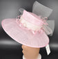 Pink Sinamay Kentucky Derby Hat: Wide Brim Feather Floral Tea Party Hat