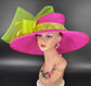 Fuchsia Sinamay Kentucky Derby Hat: Lime Green Floral Wide Brim