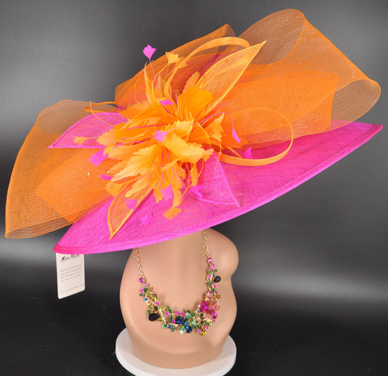 Fuchsia Pink Orange Wide Brim Sinamay Hat,Kentucky Derby Hat, Ascot Royal,Tea Garden Party Hat, Church Hat, Mother of the Bride  Occasion