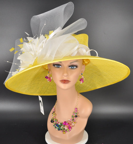 Yellow Sinamay Kentucky Derby Hat: Wide Brim Wedding Tea Party Hat