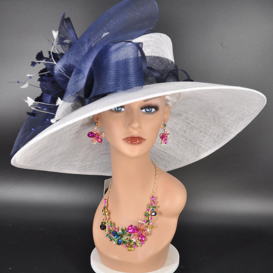 White Sinamay Kentucky Derby Hat: Navy Blue Floral Wide Brim