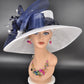 White Sinamay Kentucky Derby Hat: Navy Blue Floral Wide Brim