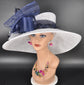 White Sinamay Kentucky Derby Hat: Navy Blue Floral Wide Brim