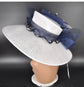 White Sinamay Kentucky Derby Hat: Navy Blue Floral Wide Brim
