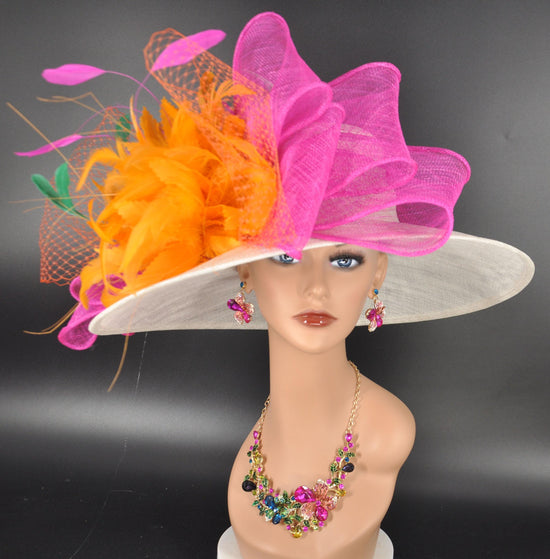 Off White Sinamay Kentucky Derby Hat: Orange & Fuchsia Pink Flower Bow