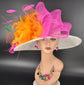 Off White Sinamay Kentucky Derby Hat: Orange & Fuchsia Pink Flower Bow