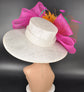 Off White Sinamay Kentucky Derby Hat: Orange & Fuchsia Pink Flower Bow