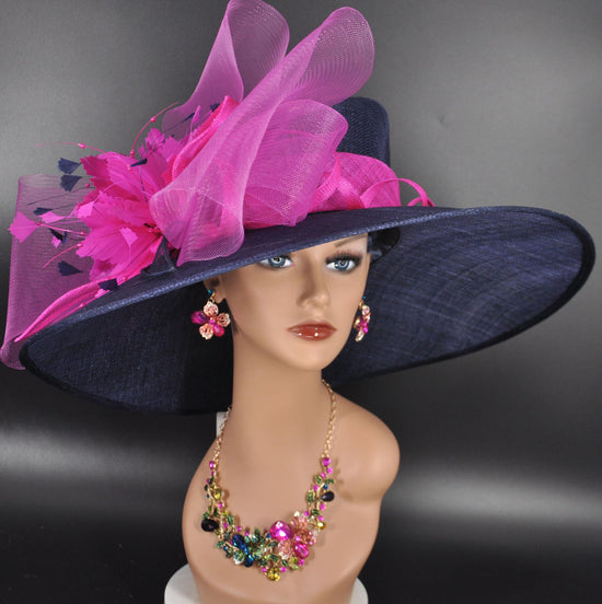 Church Kentucky Derby Hat Carriage Tea Party Wedding Wide Brim Sinamay Hat Navy Blue w fuchsia Pink