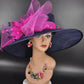 Church Kentucky Derby Hat Carriage Tea Party Wedding Wide Brim Sinamay Hat Navy Blue w fuchsia Pink