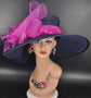 Church Kentucky Derby Hat Carriage Tea Party Wedding Wide Brim Sinamay Hat Navy Blue w fuchsia Pink