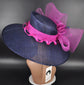 Church Kentucky Derby Hat Carriage Tea Party Wedding Wide Brim Sinamay Hat Navy Blue w fuchsia Pink