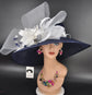 Navy Blue Kentucky Derby Hat: Wide Brim Sinamay, White Floral Feather Accent