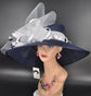 Navy Blue Kentucky Derby Hat: Wide Brim Sinamay, White Floral Feather Accent