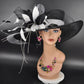 Wide Brim Sinamay Kentucky Derby Hat: Black & White Feather Church Hat