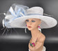 White Sinamay Kentucky Derby Hat: Powder Blue Feather Floral Wide Brim
