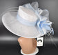 White Sinamay Kentucky Derby Hat: Powder Blue Feather Floral Wide Brim