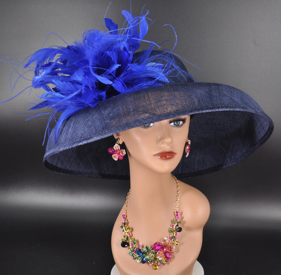 Navy & Royal Blue Sinamay Derby Hat: Audrey Hepburn Style Feathered Brim