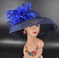 Navy & Royal Blue Sinamay Derby Hat: Audrey Hepburn Style Feathered Brim