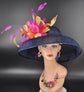 Hepburn Style Hat Kentucky Derby Hat Tea Party Carriage Party Wide Brim Sinamay Hat Navy Blue +Fuchsia Pink Baby Pink( More colors options)