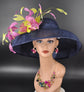 Navy Blue Pink Gold Wide Brim Sinamay Hat for Kentucky Derby, Ascot Racing Hat, Elegant Wedding Guest Hat, Mother of the Bride Hat