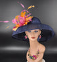 Navy Blue Pink Gold Wide Brim Sinamay Hat for Kentucky Derby, Ascot Racing Hat, Elegant Wedding Guest Hat, Mother of the Bride Hat