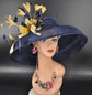 Navy Blue Pink Gold Wide Brim Sinamay Hat for Kentucky Derby, Ascot Racing Hat, Elegant Wedding Guest Hat, Mother of the Bride Hat