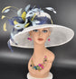 White w Navy Blue Powder Blue Yellow Feather Flowers Kentucky Derby Hat Tea Party Carriage Party  Wide Brim  Sinamay Hat