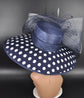 Navy Blue Polka Dot Derby Hat: Wide Brim Sinamay Ascot Hat