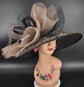 Wide Brim Kentucky Derby Hat, Ascot Hat for Wedding & Tea Party, Garden Party Hat, Mother of the Bride, Church – Black w Leopa