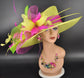 Lime Green Sinamay Kentucky Derby Hat: Fuchsia Pink Feather Wedding Hat