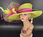 Lime Green Sinamay Kentucky Derby Hat: Fuchsia Pink Feather Wedding Hat