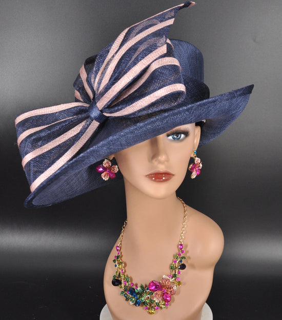 Church Kentucky Derby Hat Carriage Tea Party Wedding Medium Brim Royal Ascot Horse Race Oaks day hat Light/Powder Blue w Blush/Dusty Pink