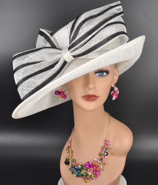 Sinamay Derby Hat: White Ascot Hat with Black Striped Bow