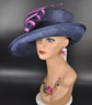 Sinamay Derby Hat: Navy Blue Medium Brim with Fuchsia Bow