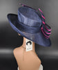 Sinamay Derby Hat: Navy Blue Medium Brim with Fuchsia Bow