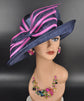 Sinamay Derby Hat: Navy Blue Medium Brim with Fuchsia Bow